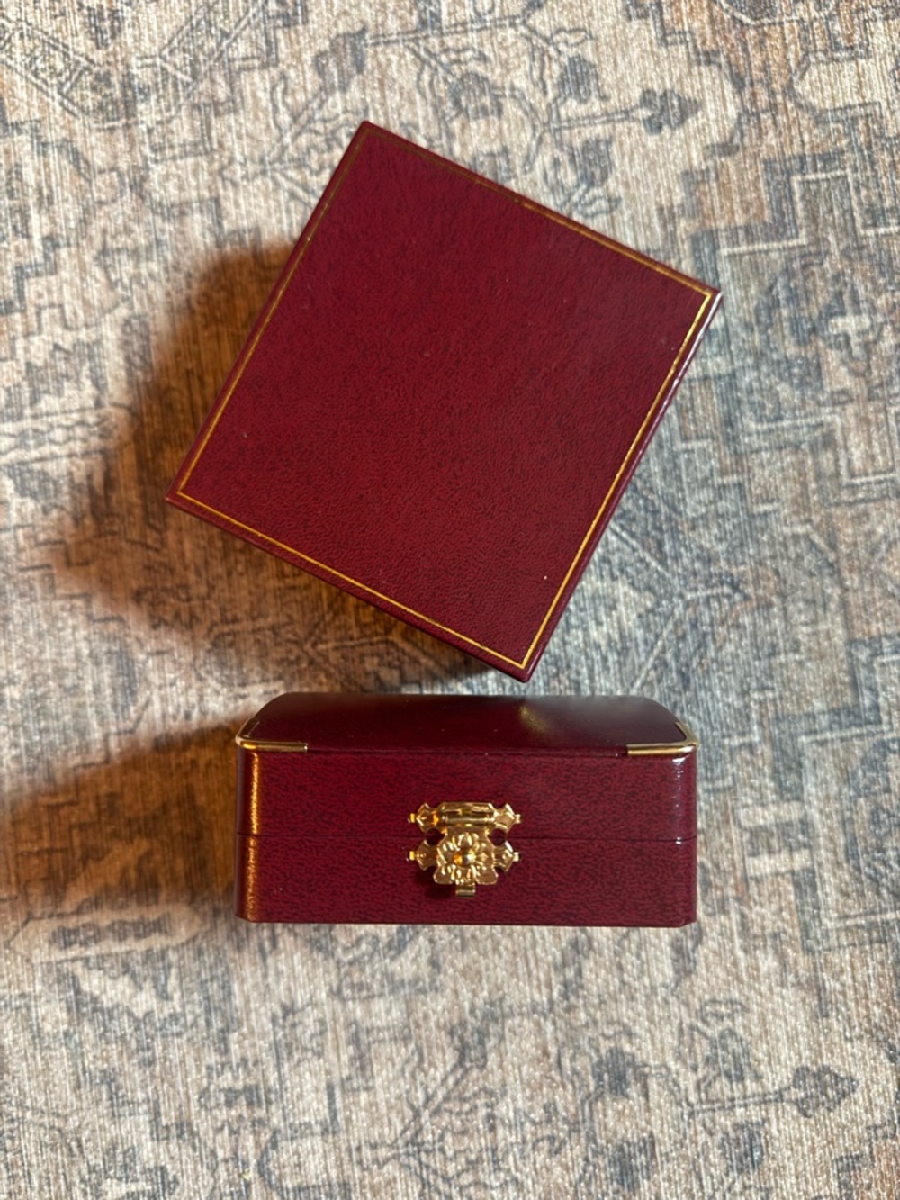 Vintage Burgundy Jewelry Box with Gold Accent